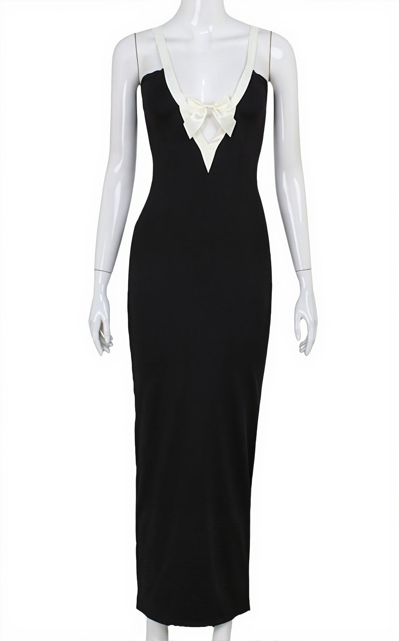 Elegant Patchwork Bow Solid Maxi Dress