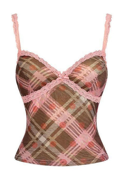 Elegant Pink Plaid Lace Cami Top
