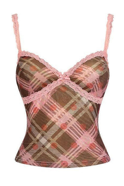 Elegant Pink Plaid Lace Cami Top