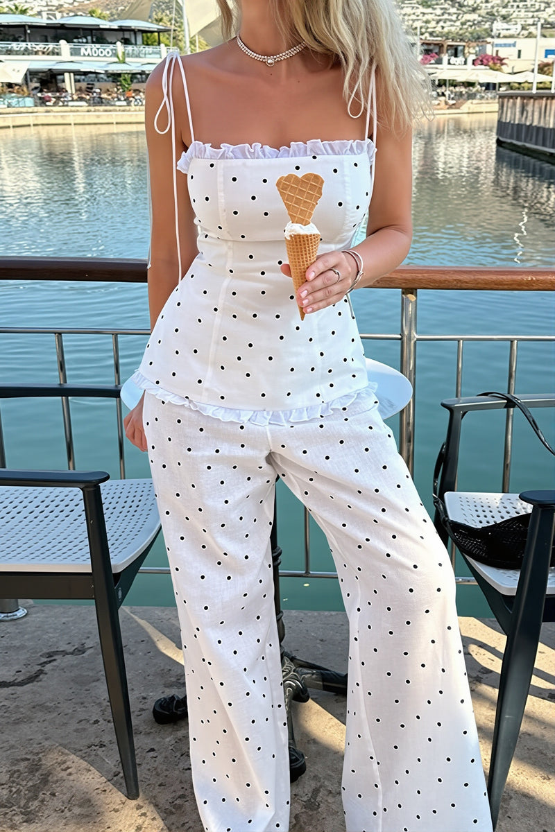 Elegant Polka Dot Cami Top Straight Pants Two Piece Set