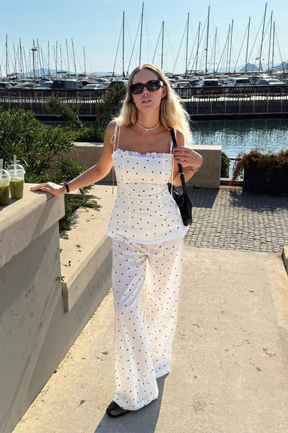 Elegant Polka Dot Cami Top Straight Pants Two Piece Set