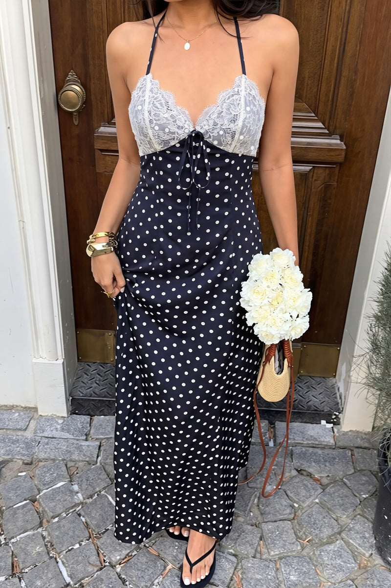 Elegant Polka Dot Halter Lace Spliced Back Tie Slimming Maxi Dress
