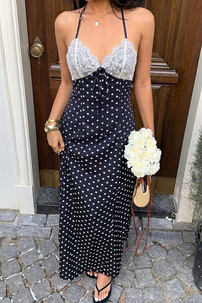 Elegant Polka Dot Halter Lace Spliced Back Tie Slimming Maxi Dress