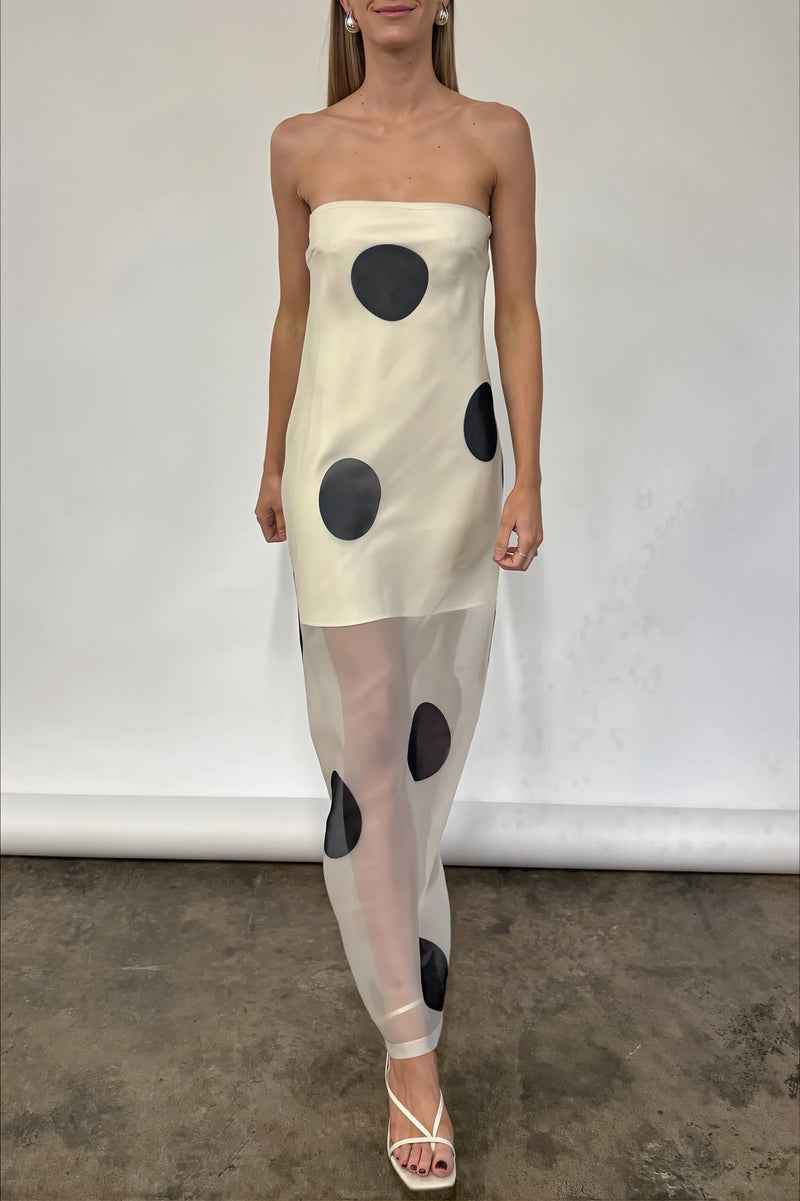 Elegant Polka Dot Strapless Sheer Slim Maxi Dress