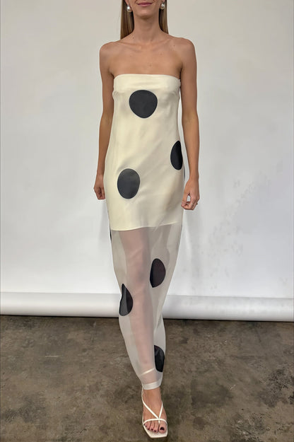 Elegant Polka Dot Strapless Sheer Slim Maxi Dress