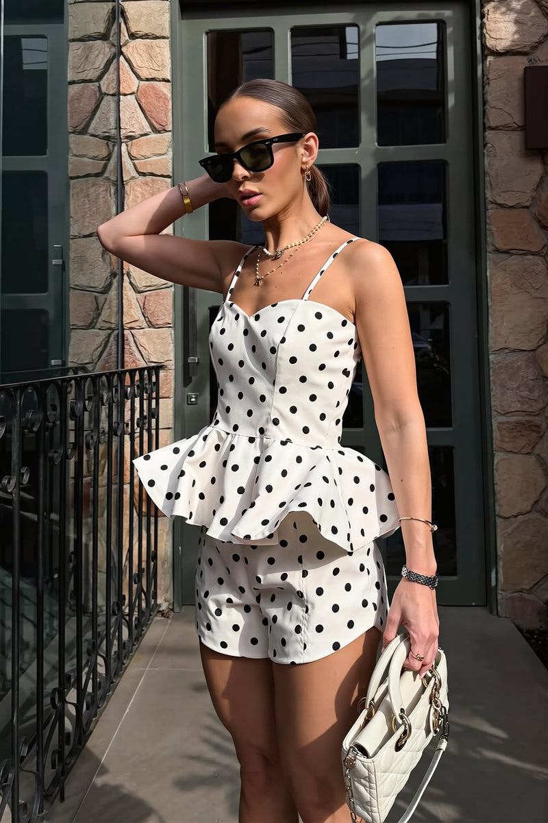 Elegant Polka Dot Top With Shorts Two Piece Set