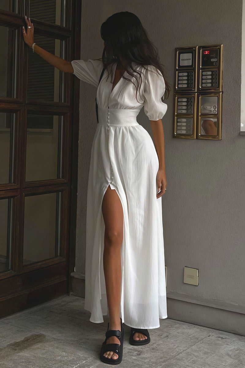 Elegant Puff Sleeve Deep V Slit Midi Dress