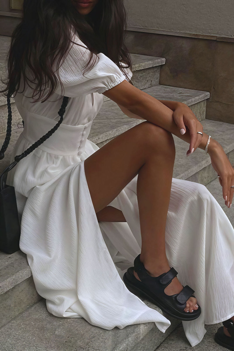Elegant Puff Sleeve Deep V Slit Midi Dress