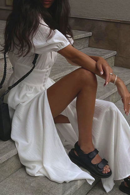 Elegant Puff Sleeve Deep V Slit Midi Dress