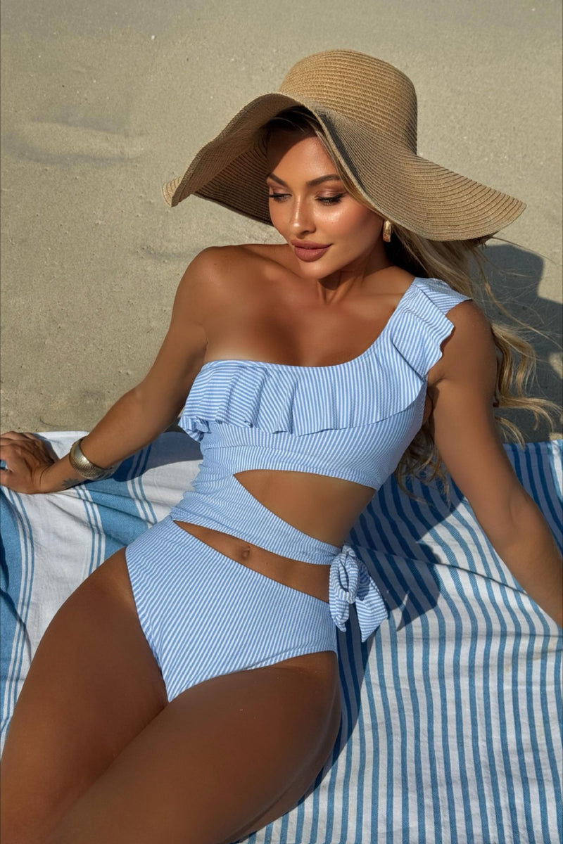 Elegant Ruffle Striped Cutout One Piece Swimwear