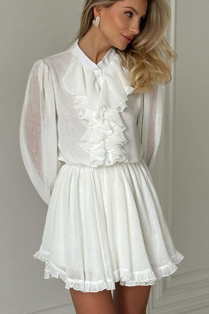 Elegant Ruffled Stand Collar Long Sleeve Mini Dress