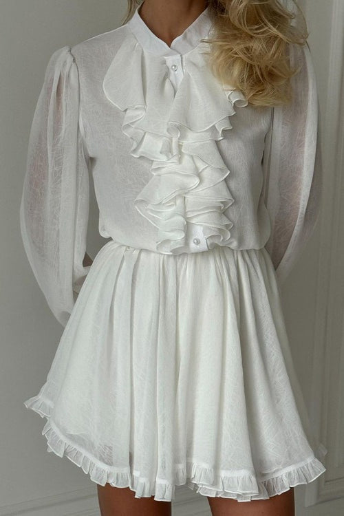Elegant Ruffled Stand Collar Long Sleeve Mini Dress