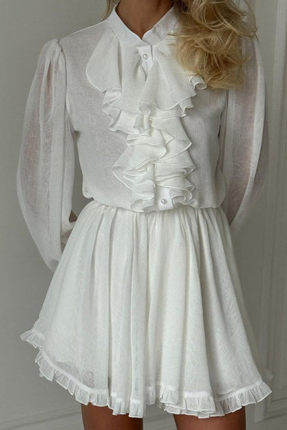 Elegant Ruffled Stand Collar Long Sleeve Mini Dress