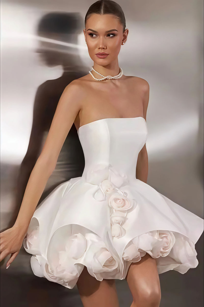 Elegant Satin Bandeau Flower Ball Gown Reception Dress