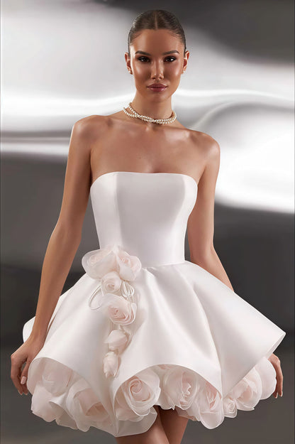 Elegant Satin Bandeau Flower Ball Gown Reception Dress