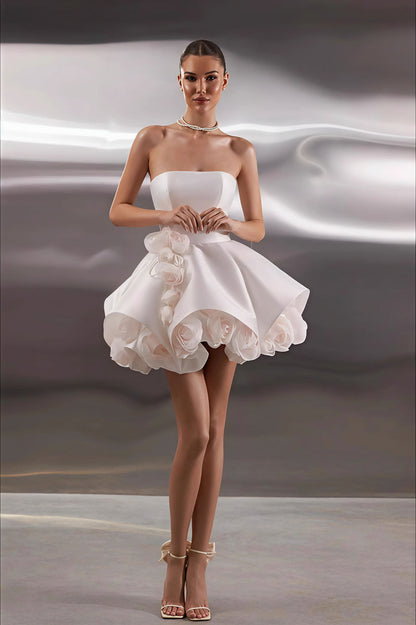 Elegant Satin Bandeau Flower Ball Gown Reception Dress