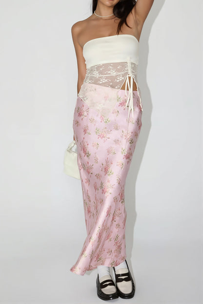 Elegant Satin Floral Draped Skirt