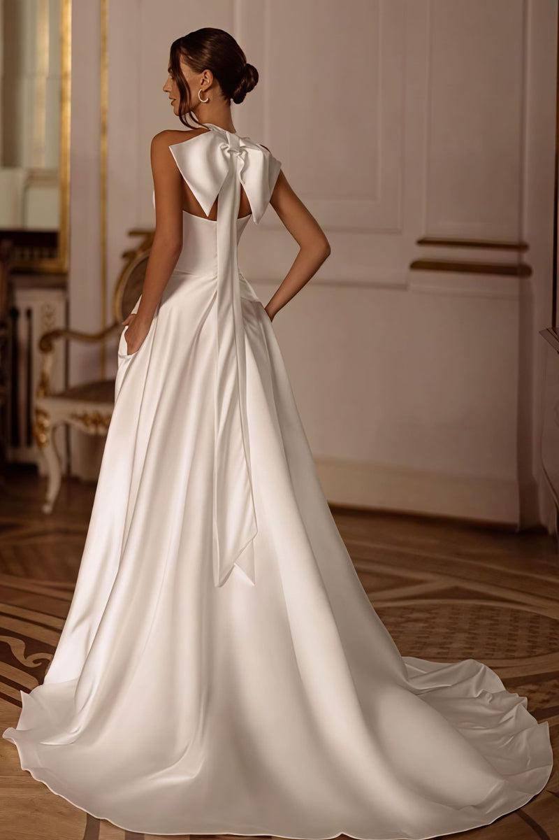 Elegant Satin Halter Train Reception Dress