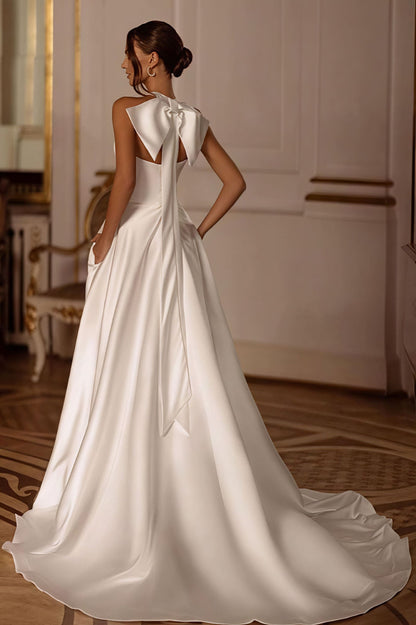 Elegant Satin Halter Train Reception Dress