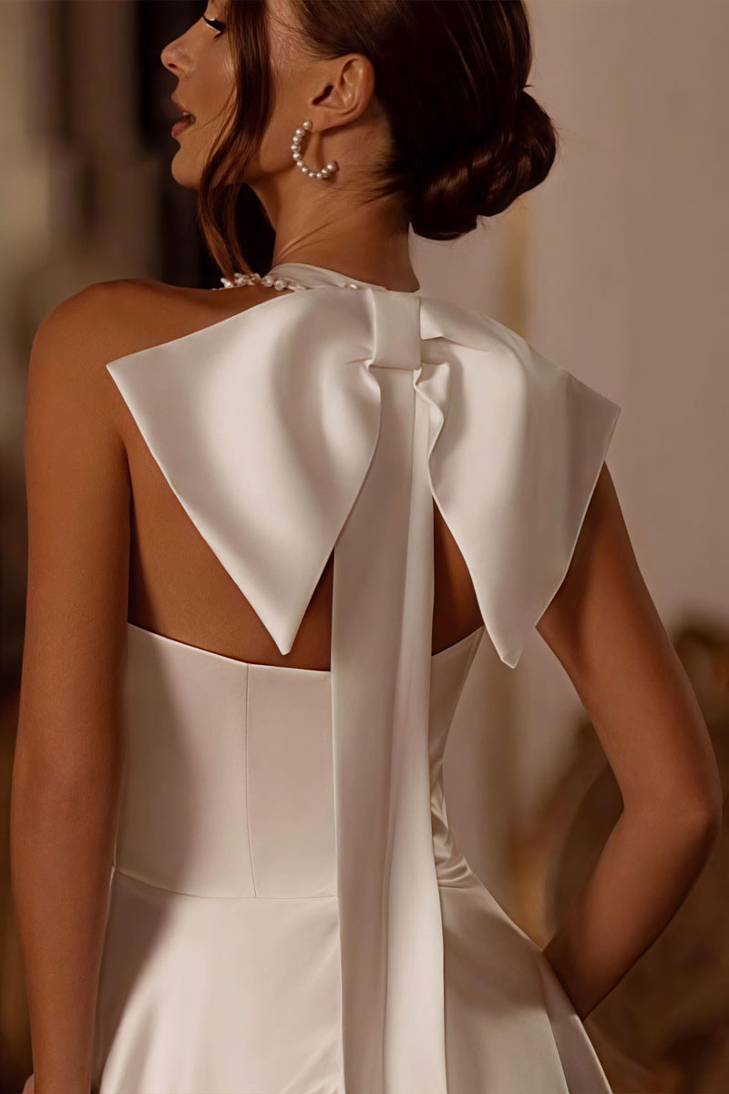 Elegant Satin Halter Train Reception Dress