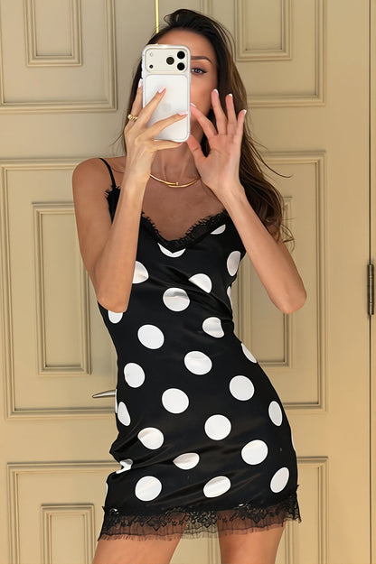 Elegant Satin Lace Trim Polka Dot Mini Dress