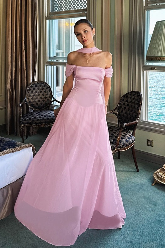 Elegant Satin Mesh Off Shoulder Prom Dress