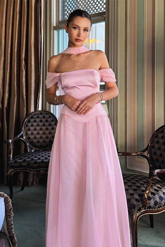 Elegant Satin Mesh Off Shoulder Prom Dress
