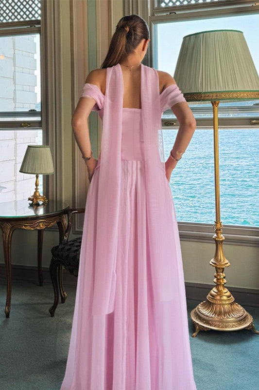Elegant Satin Mesh Off Shoulder Prom Dress