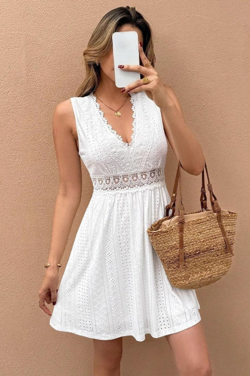 Elegant Sleeveless V Neck Lace Patchwork Jacquard Dress