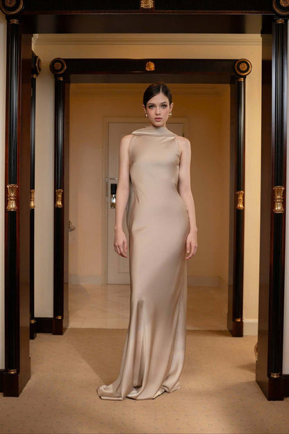 Elegant Solid Color Satin Draped Back Long Prom Dress