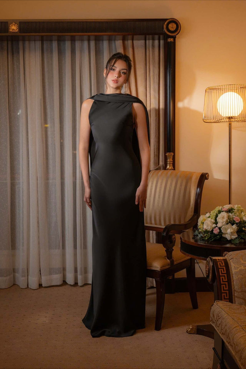 Elegant Solid Color Satin Draped Back Long Prom Dress