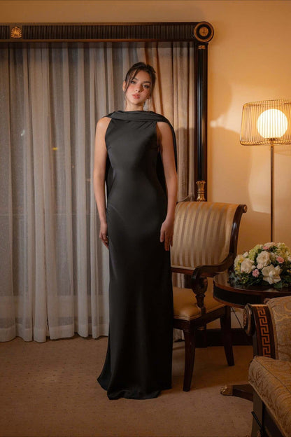 Elegant Solid Color Satin Draped Back Long Prom Dress