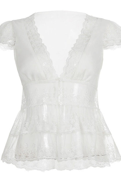 Elegant Solid Lace V Neck Sheer Blouse