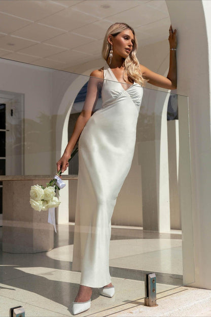 Elegant Solid V Neck Slim Fit Maxi Dress