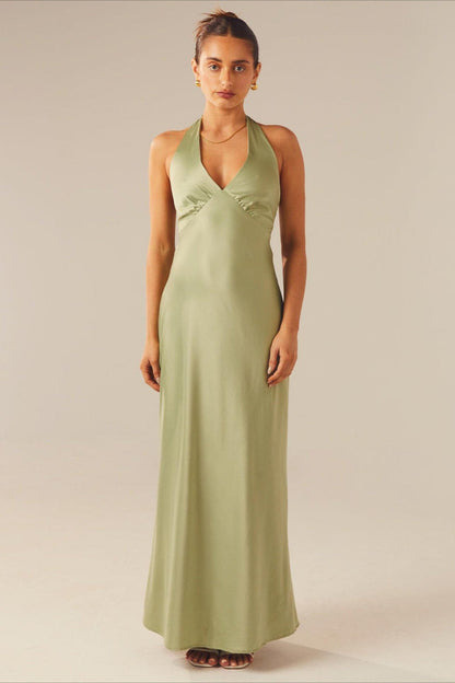 Elegant Solid V Neck Slim Maxi Dress
