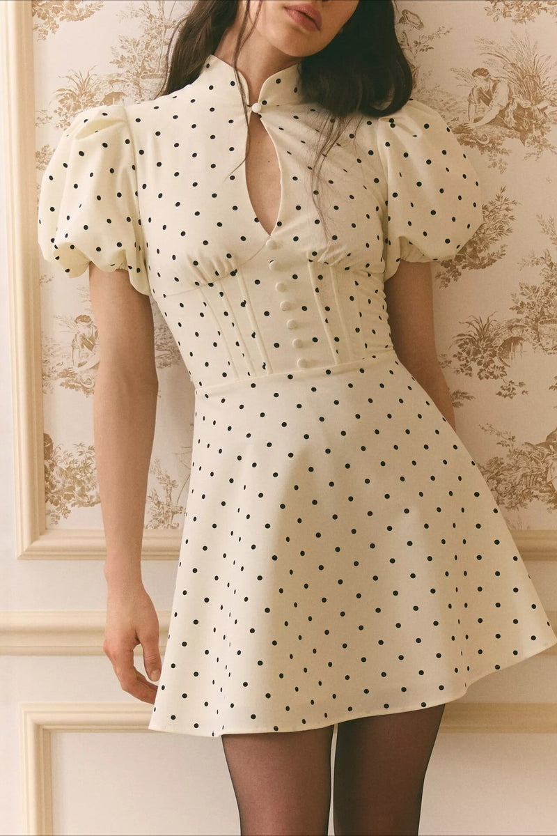 Elegant Stand Collar Dot Hollow Mini Dress