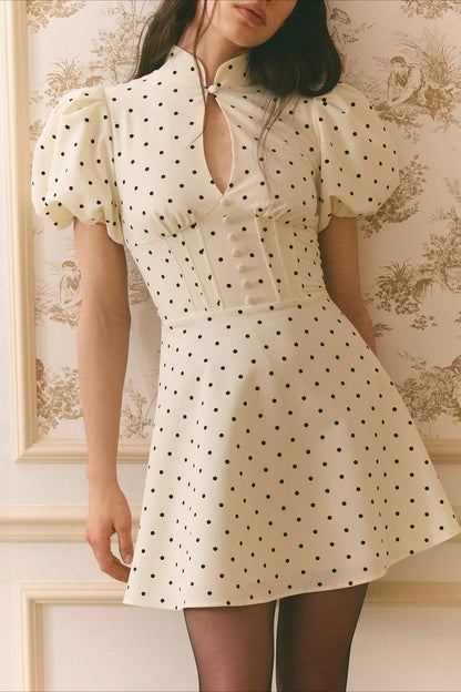 Elegant Stand Collar Dot Hollow Mini Dress
