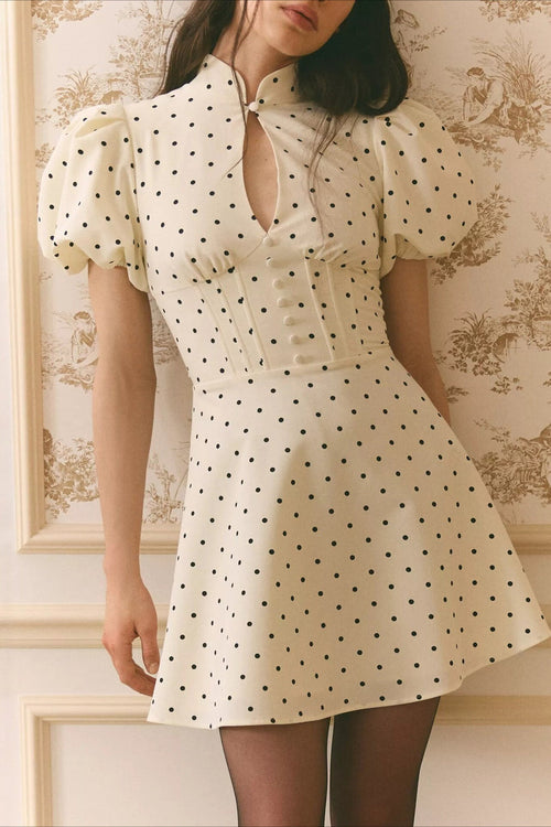 Elegant Stand Collar Dot Hollow Mini Dress
