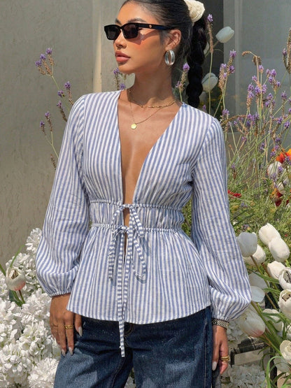 Elegant Stripe Long Sleeve Tie Blouse
