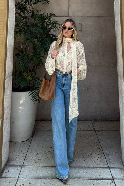 Elegant Tie Sheer Lace Long Sleeve Blouse
