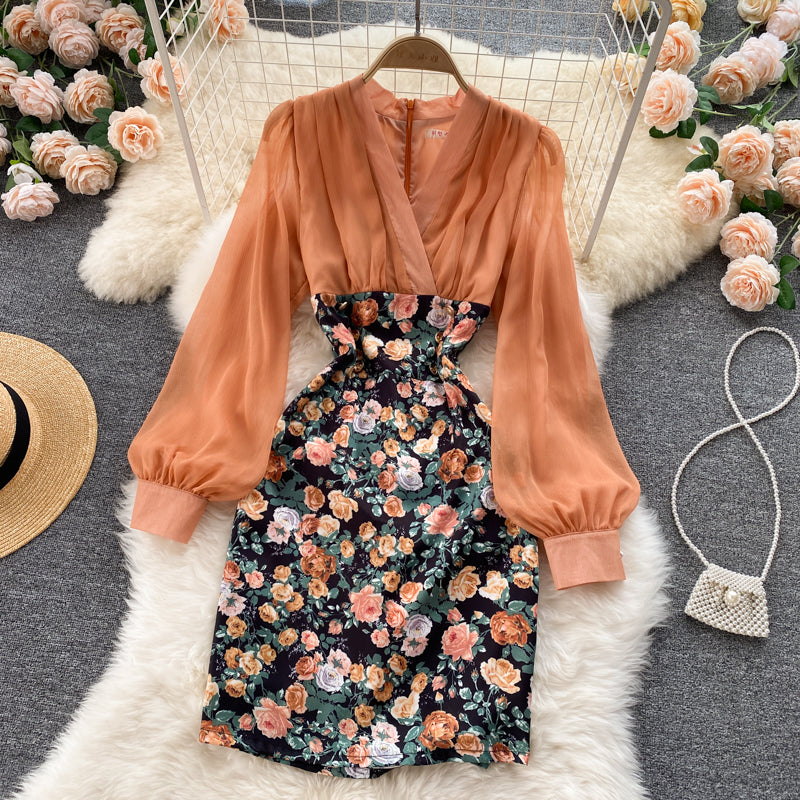 Elegant tulle floral dress long sleeve fashion dress S18