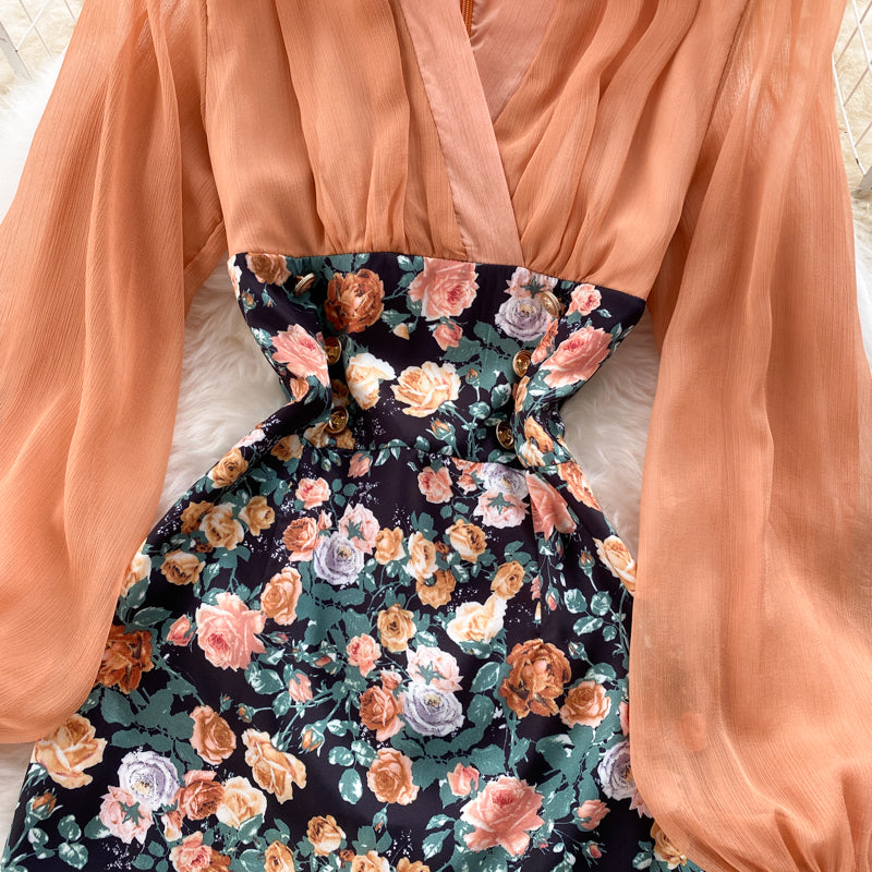 Elegant tulle floral dress long sleeve fashion dress S18