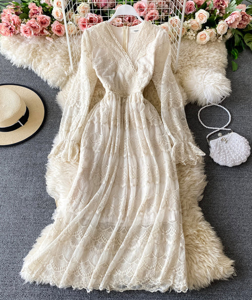 Elegant v neck lace long sleeve dress S09