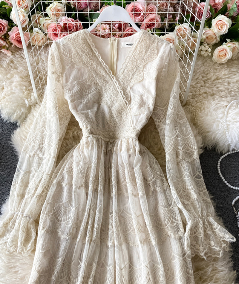 Elegant v neck lace long sleeve dress S09