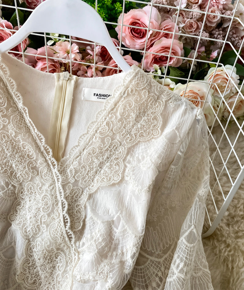 Elegant v neck lace long sleeve dress S09