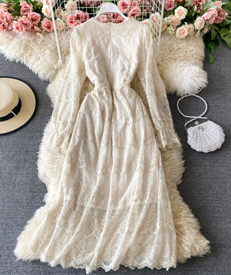 Elegant v neck lace long sleeve dress S09