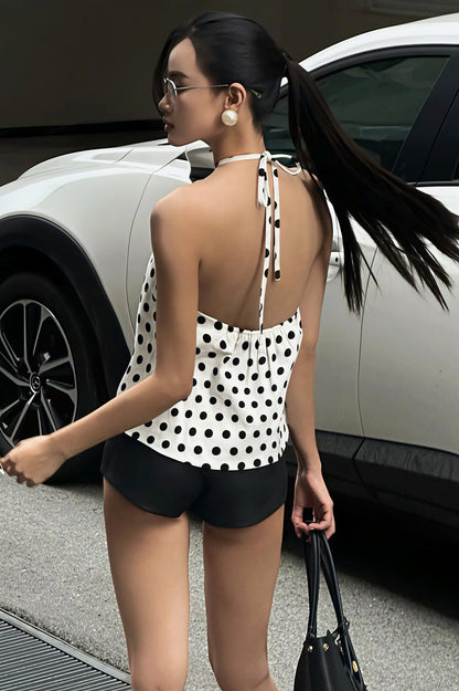 Elegant White Polka Dot Cropped Halter Top