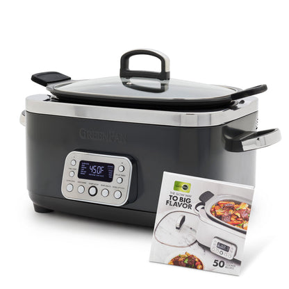 The Elite 14-in-1 6-Quart Slow Cooker | Graphite features a digital display, intuitive presets and control buttons, glass lid, and includes The Slow Way to Big Flavor cookbook with a meal photo on the cover.