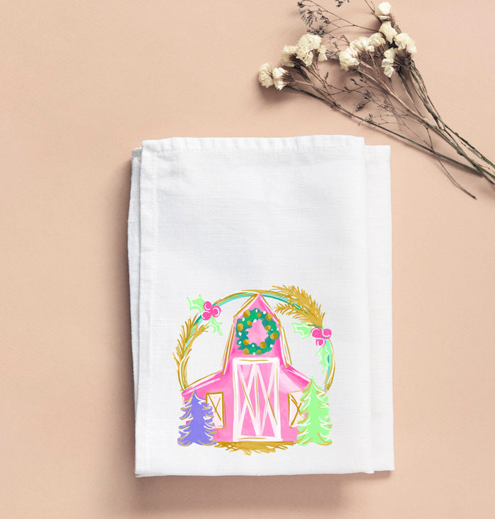 Emmalee Pink Christmas Barn Tea Towel