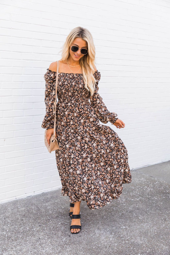 Escape Tomorrow Black Long Sleeve Floral Midi Dress